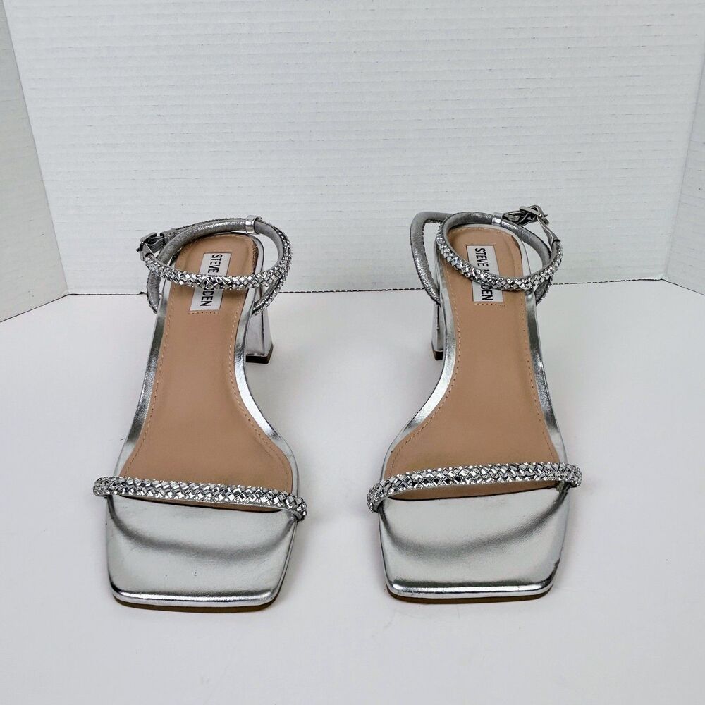 Steve Madden Hurrah Dress Sandals Silver Strappy Heels Crystal Embellishment 8 - Picture 4 of 12